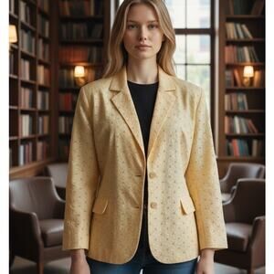 Sag Harbor Eyelet Jacket Lined 16P Yellow Button Down 3/4 Sleeve Office Chic